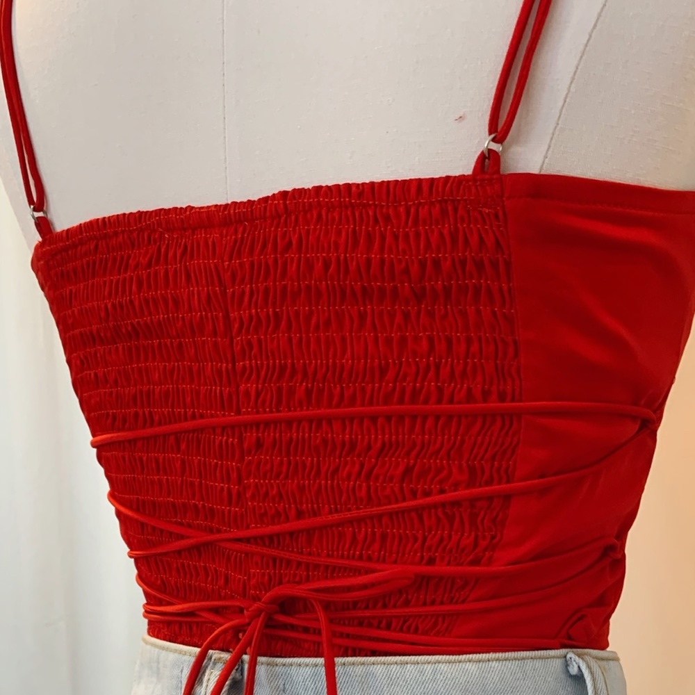 Red Cropped Tank with Lace Up Detail